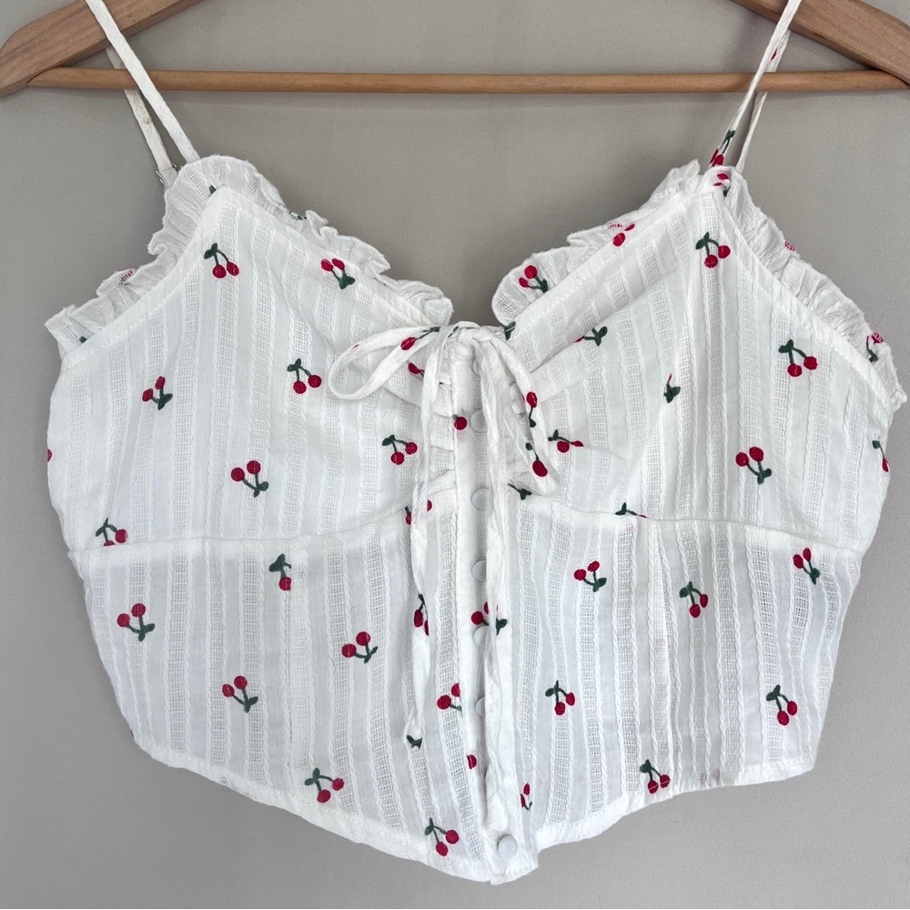 Cider Cherry Print Corset Crop Top zip Up Back | Size S